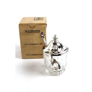 Int Silver Co Arcoroc France Crystal Condiment/Jam/Sugar Jar Ornate lid & spoon